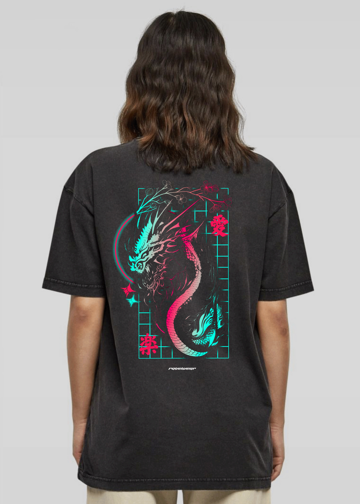 Techno Dragon Backprint - Unisex Acid Oversized Shirt