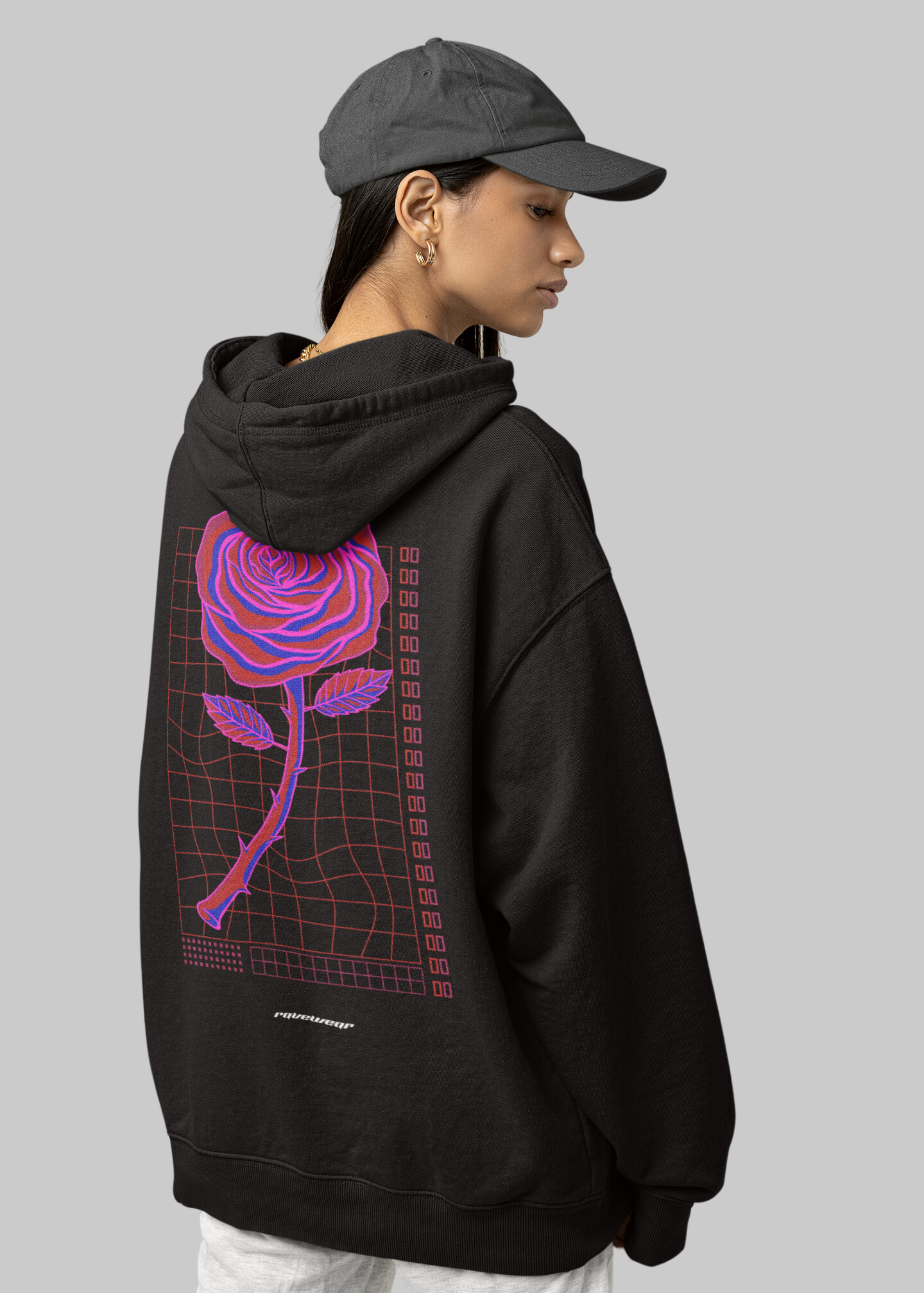 Neon Retro Rose Backprint - Damen Oversized Hoodie