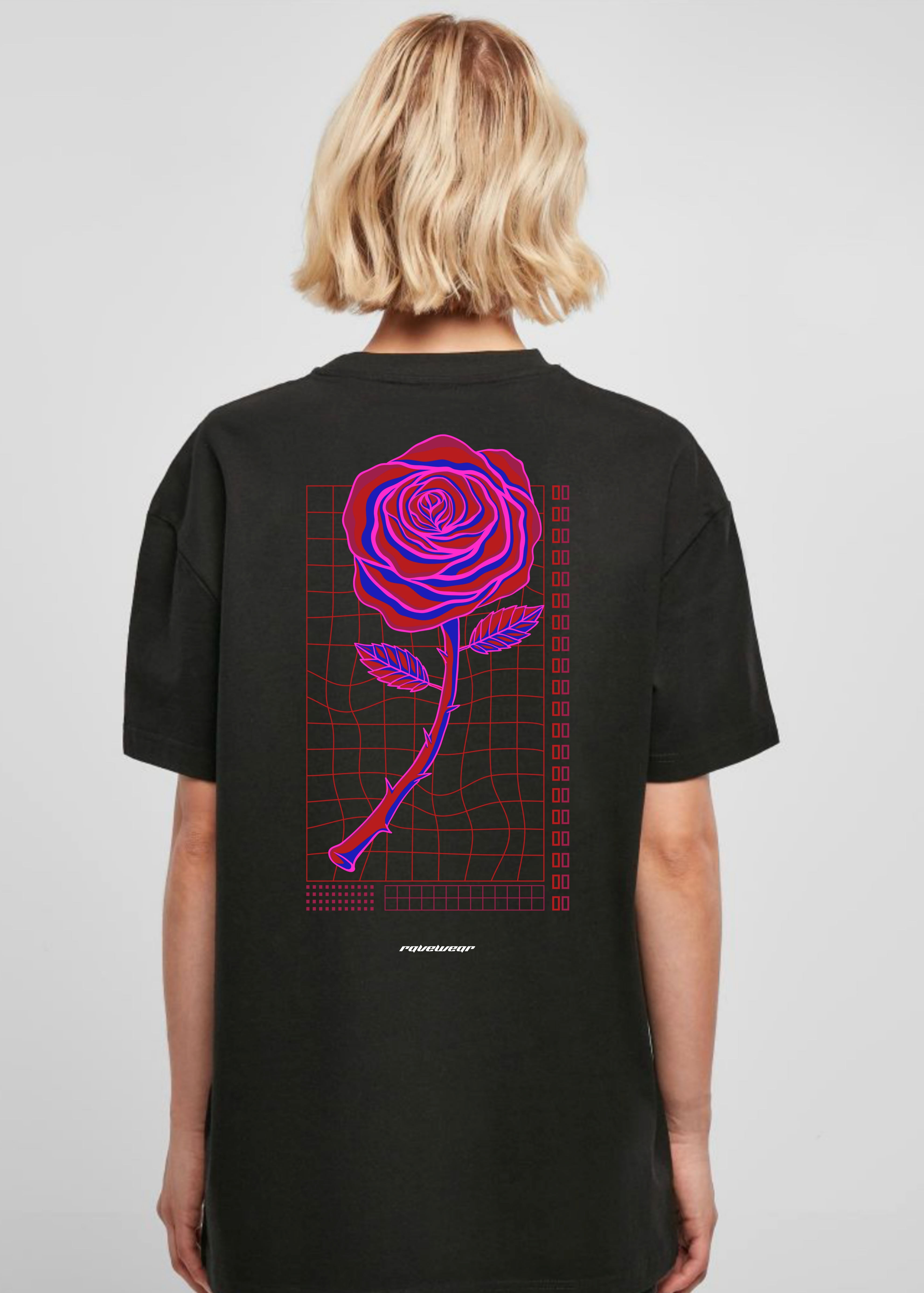 Neon Retro Rose Backprint - Damen Oversized Shirt