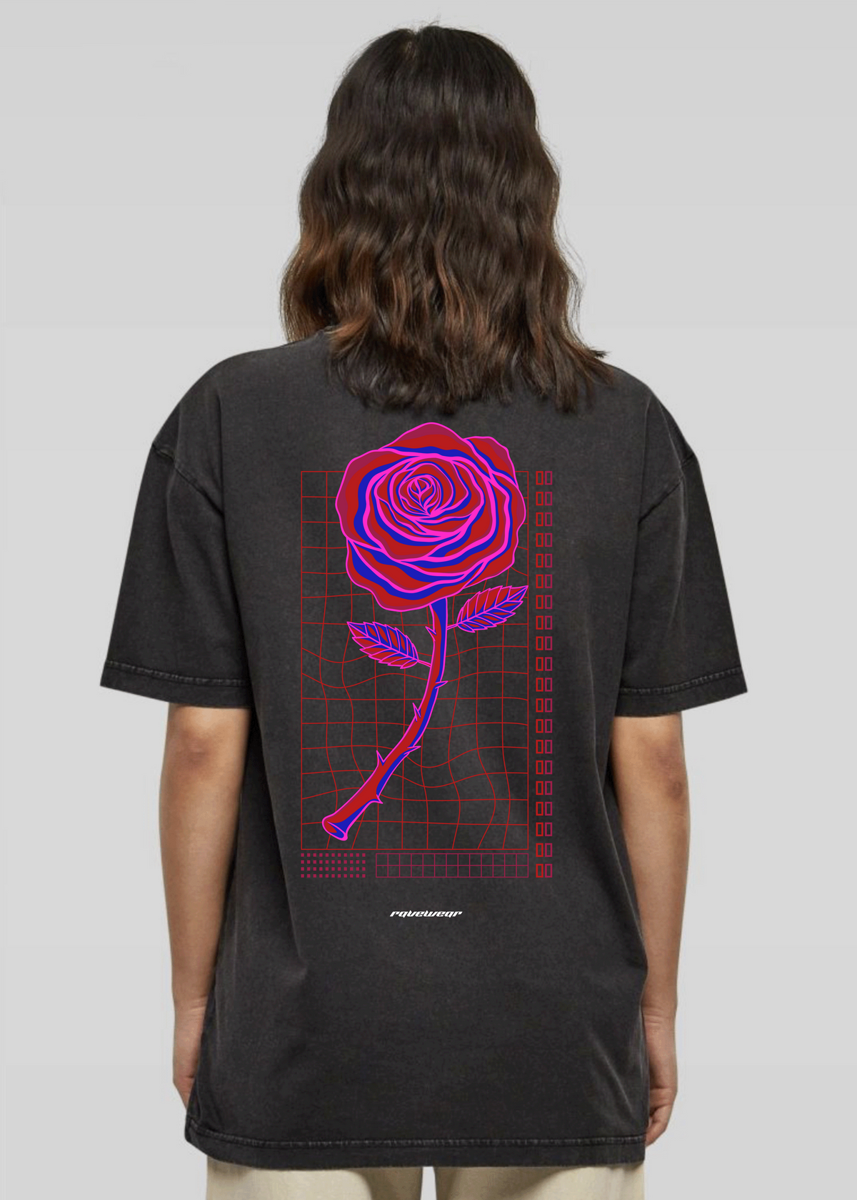 Neon Retro Rose Backprint - Unisex Acid Oversized Shirt