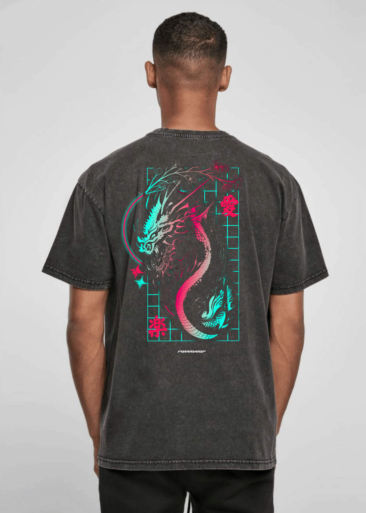 Techno Dragon Backprint - Unisex Acid Oversized Shirt